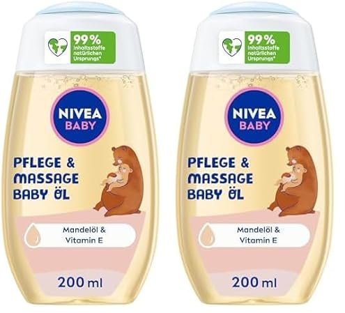 NIVEA BABY Pflege und Massage Öl, pflegendes Babyöl für die zarte Babyhaut mit Mandelöl und Vitamin E, Hautpflege schützt und stärkt empfindliche Haut (200 ml) (Packung mit 2)