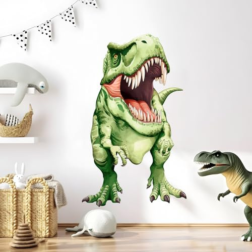 Supzone Wandtattoo Großer Dinosaurier Wandaufkleber Grüne Tyrannosaurus Wandsticker Kinderzimmer Babyzimmer Jungenzimmer Spielzimmer Wanddeko (105x63cm) | Großer Tyrannosaurus Rex Wandaufkleber für Kinder, Kinderzimmer, Schlafzimmer, Spielzimmer, Baby, Kindergarten