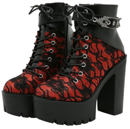 Parisuit Womens Victorian Lace Goth Platform Boots Lace-Up Chunky High Heels Ankle Combat Boots with Buckle-black size 8.5