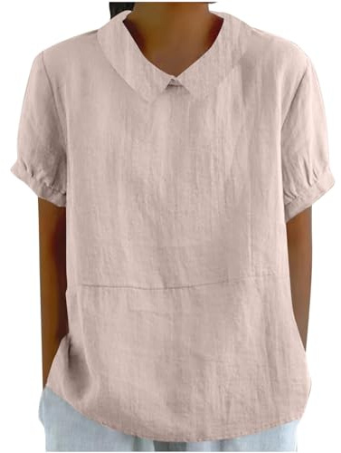 Lovraj Bluse Damen Neue Bubikragen Leinenbluse Kurzarm Musselin Blusenshirt Sommer Einfarbig Damenbluse Baumwolle Leinen Oberteile Locker Luftig Sommerbluse