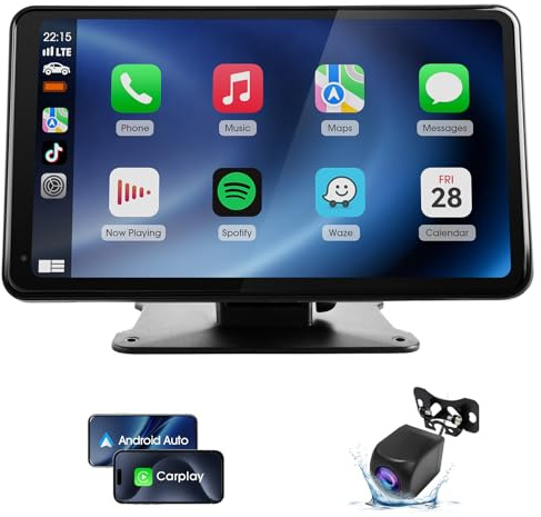Portable Car Stereo Wireless CarPlay & Android Auto, 7 HD Touchscreen, Bluetooth 5.0 Audio, FM Radio, 1080P AHD Backup Camera,GPS Navagation,Voice Control-Plug & Play Car Screen For Most Vehicle