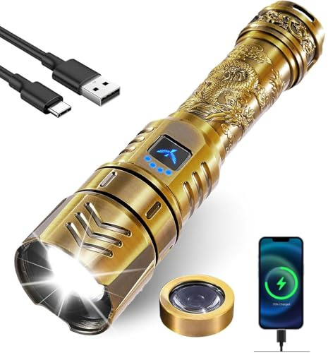 SKYFIRE LED Flashlights High Lumens with Ignition Lens,3000lm Super Bright Rechargeable Flashlight,Zoomable 4 Modes Waterproof Tactical Flash Light for Camping Essentials Outdoor and Home Gift