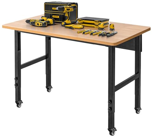 Adjustable Workbench with Wheels, Rolling Work Table for Garage, Large Capacity Hardwood Work Bench, Heavy Duty Table for Workshop, Office, Garage, Home