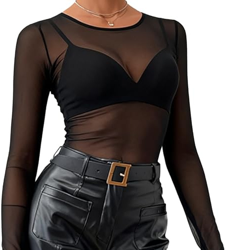 Mujer Camiseta Transparente Sexy Manga Larga, Top Transparente Sexy para Mujer en Malla Negra Elegante: Camisetas Transparentes para Fiestas, Conciertos, Discoteca, Moda y Uso Diario