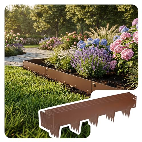 VOUNOT® 5M Galvanised Steel Garden Edging, Flexible Metal Lawn Border, Heavy Duty 1.5mm Thick, 106x18cm Panels, 5 Pack, Brown