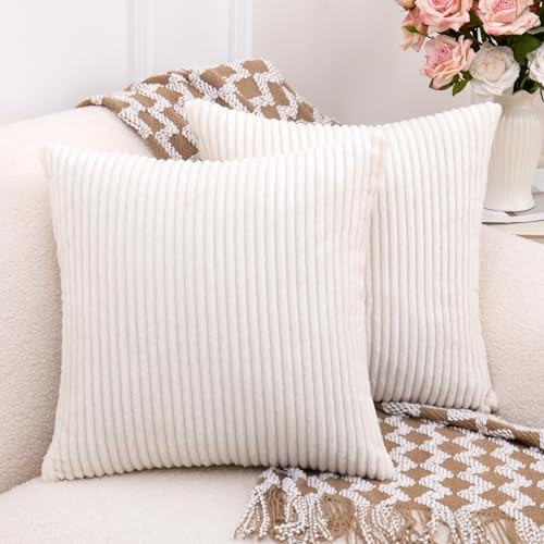 Corduroy Throw Pillows 45x45cm, Set of 2 Soft Plush Cushions with Filling, Decorative Square Pillows for Sofa, Bed & Bedroom, Pre-Filled Cushions with Hidden Zipper, Washable Cover (Beige, 45x45cm)
