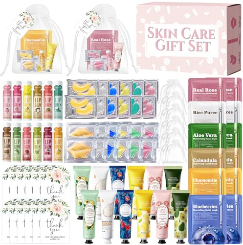 Coffret Femme Cadeau, Lot Masque Visage, Coffret Soin Visage Femme con Creme Mains, Masques Visage, Eye Patch, masque Levre, Stick Levres, Petit Sachet Transparent, Carte Merci, 84 Pièces