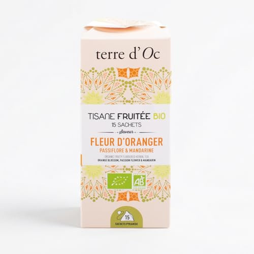 Terre d'Oc - Tisane Fruitée Bio - Fleur d'Oranger - Glacée ou Chaude - 30g | Sans Théine - Saveur Fruitée et Acidulée - Passiflore - 15 Infusettes - Alternative aux Sodas - Idée Cadeau