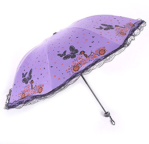 Maibar Sun Umbrella UV Protection for Women Hand Parasol Folding Umbrellas Flower Butterfly Lace Umbrellas for Ladies in Summer (Purple)