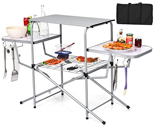 Giantex Folding Grill Table with 26'' Main Tabletop, Portable Aluminum Camping Table, Carrying Bag, Quick Set-up, Outdoor Camping Kitchen Food Prep Station for Picnic Tailgating RVing Backyard