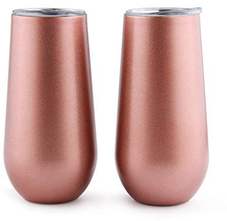 Sivaphe Champagne Flute 6 OZ, Wine Glasses Tumbler Stainless Steel Double Walled Keep Cold Rose Gold Set of 2, Women Bridesmaids Wedding Gift, for Camping Hiking