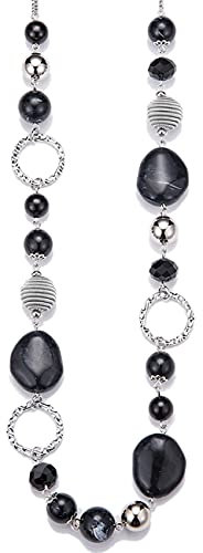 Bulinlin Damen Lange Perlenkette Statement Boho Silber Metallkette Hochzeitstag Modeschmuck Geschenke Pullover Halskette für Frauen（Black）