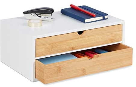 Relaxdays Schubladenbox, Bambus & MDF, Mini Kommode 2 Schubladen, HBT: 14x33x21 cm, Schreibtisch Organizer, weiß/natur
