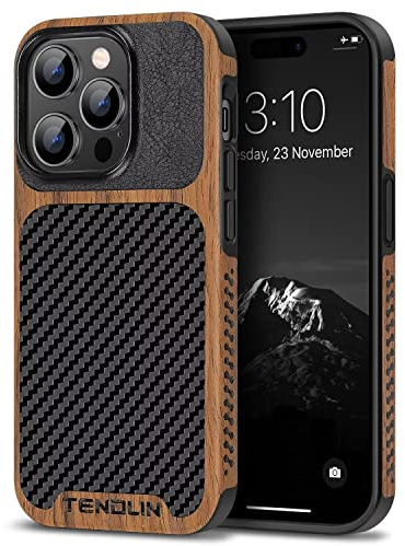 TENDLIN Kompatibel mit iPhone 14 Pro Hülle, Holz und Carbon Textur Design Leder Hybrid Handyhülle (Schwarz)
