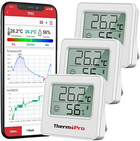 Thermopro TP357 3 Pièces Petit Hygrometre Interieur Connecté Bluetooth de Thermomètre Intérieur, Thermomètre Connecté Utilisé avec Smart APP, pour Le Bureau à Domicile Thermometre de Reptile