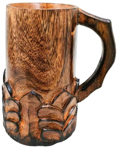 Handgefertigter Holz-Bierkrug mit Griff, antike Farbe, florales Schnittdesign, Holz, Wikinger, Renissance, Bierkrug, Fantasy-Becher, handgefertigt, Geschenk für Trauzeugen