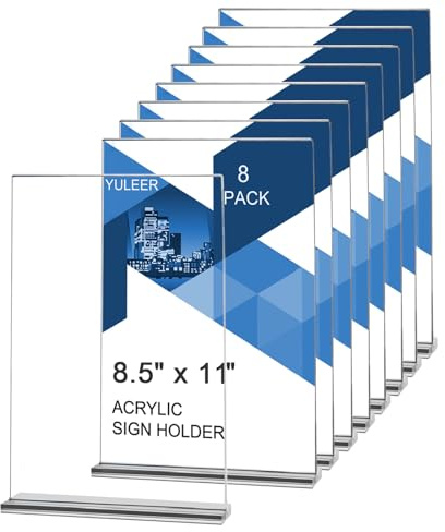 YULEER 8 Pack Acrylic Sign Holder 8.5x11, Clear Double-Sided Display Stand, Plastic Paper Frame for Menu, Flyer, Picture, Office Desk, Wedding Sign Holders