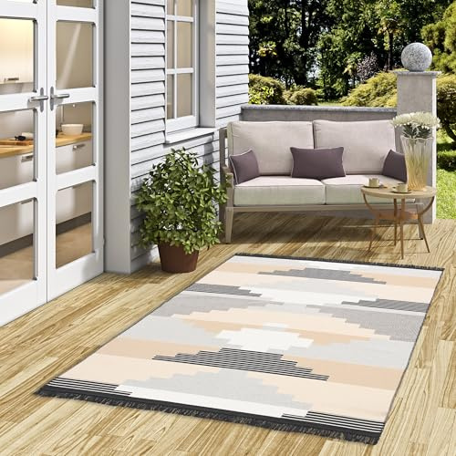 Pergamon Designer Teppich Beidseitig Flachgewebe Ethno Kelim Grau Beige Style, Teppich Läufer, Teppich Pflegeleicht und Waschbar in 5 Größen