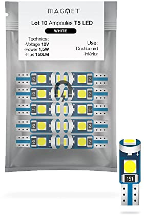 Magnet - Confezione da 10 lampadine LED T5, 1.5W, 150lm, 6500K Pure White - Cruscotto e spie luminose per auto/moto