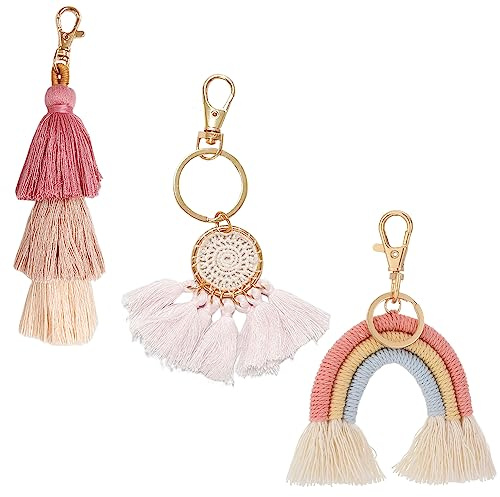 Lot de 3 porte-clés bohèmes pompons, pendentifs arc-en-ciel, breloques pompons, attrape-rêves tissés à la main, accessoires mignons pour sacs femmes, Rose,
