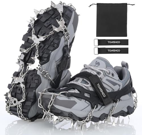 TOMSHOO 32 Spikes Steigeisen Anti-Rutsch-Ketten Spikes Eisklampen Edelstahl Traktion Schnee Griffe Gummiriemen Universal für Schnee Walking Schlamm Klettern Wandern