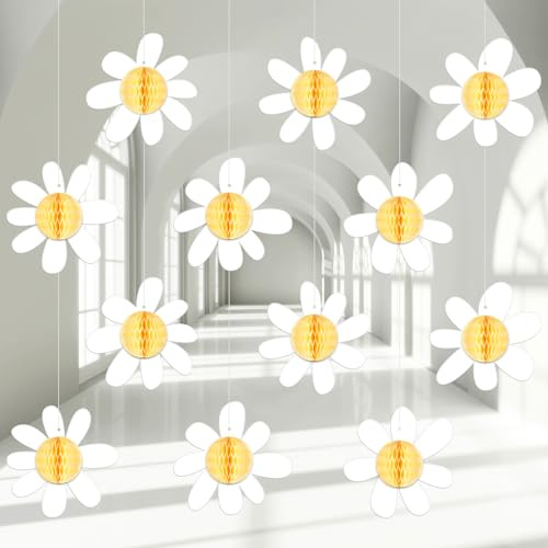 Poen 12 Pcs Daisy Boho Party Decorations Groovy Daisy Flower Honeycomb Ball Paper Hanging Garlands Banner Spring Summer Classroom Birthday Shower Wedding Retro Hippie Party Favor(White)