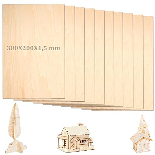 Holzplatte, 10 Stück Sperrholzplatten, 300X200X1,5mm, Holzplatten zum Basteln, Sperrholzplatten Balsaholz, Holzstäbchen zum Basteln, zum Basteln oder Modellbau Bastelholzplatten