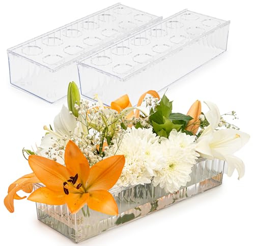 2 Pack Leak-Proof Wave Design Acrylic Long Vases for Centerpieces - 24 Clear Flower Rectangle Vase as Floral Centerpieces for Tables, Long Flower Vase with 12 Holes as Flower Arrangement Holder