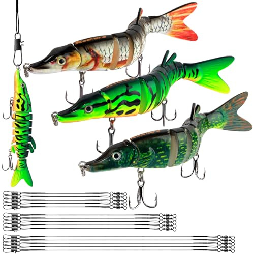Realure 3 Pcs Multi Jointed Pike Fishing Lures with 15cm 23cm 30cm Wire Traces Pike Lures Sets 3D Artificial Lures with Hooks Slow Sinking Lure with Wobbler for Freshwater Saltwater (H, 12.5cm 17g)