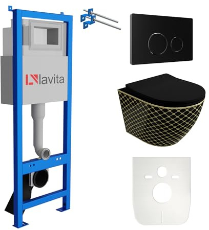 Lavita LAV 101 Vorwandelement für WC 40cm + Wand Hänge Tiefspül WC SOFI SLIM BLACK NIGHT Spülrandlos + Bedienplatte LAV 200.4.4 Schwarz | Komplettset | Unterputz Spülkasten | Toilette Komplett Sett