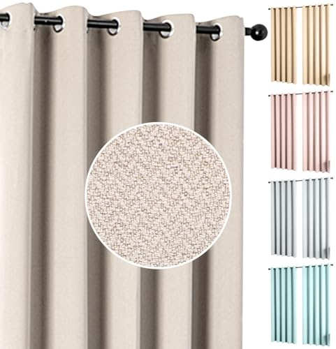 umlout Semi Blackout Thermal Curtains Genoa Ring Top Eyelet Natural 42x72, Herringbone Design, Energy Saving For Bedroom & Living Room