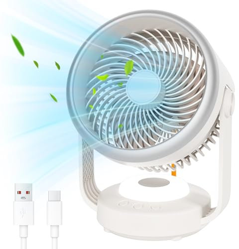 GuKKK Ventilator, Tischventilator Leise 5400mah, Umluftventilator 70° Oszillation mit 4 Geschwindigkeitsstufen Zirkulationsventilator Table Fan, Tragbarer Ventilator Klein für Büro, Schlafzimmer