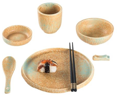 Platos de sushi, 7 piezas, juego de vajilla japonesa, juego de sushi, incluye platos de sushi, cuencos, cuencos para salsas, cucharas y palillos