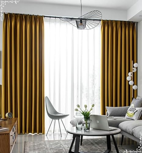 Bishilin Vorhänge Blickdicht 2 Set Gelb, Verdunklungsvorhänge mit Haken 86x183CM Modern Einfarbig Gardinen Polyester Wohnzimmer Jugendzimmer Schlafzimmer