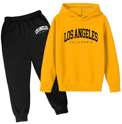 SoLu DAY8 Ensemble Enfant Garcon Hiver 3-13 ans Ensemble Sweat à Capuche Et Pantalon Garçon Manche Longue Pas Cher Los Angeles a la Mode Casual Jogging Vacances Sportswear (Yellow, 11-12 Years)
