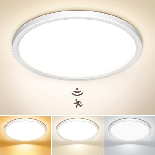 NIBSHOOM Plafón LED Techo con Sensor de Movimiento, 3000K/4000K/6500K 18W IP44 Impermeable Lampara Techo, Lampara Luz LED Techo Balcón Cochera Pasillo Sótano Sala, Ø22cm