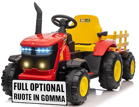 Trattore Elettrico per Bambini 12V con Ruote in Gomma e Rimorchio – Maxi Trattore a Batteria con Telecomando, Soft Start, Cintura di Sicurezza, Luci LED, MP3 USB, 2 Motori 35W (Rosso)