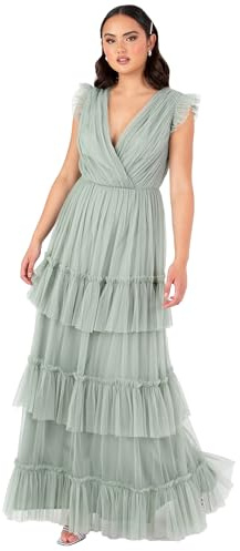 Anaya with Love Women's Women's Maxi Dress Ladies Short Sleeve V-Neck Wrap Tiered Ruffle Tulle A-line Wedding Guest Bridesmaid Prom Ball Gown Dress (Pack of 1)