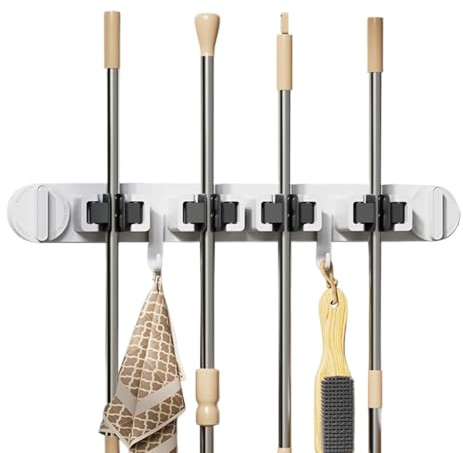 Suction Cup Mop Wall Hanger - Wall Mounted No Drilling Mop Broom Holder | Bathroom No Punch Hook, Portable Stand Sturdy Clamps for Kitchen Closet Garage
