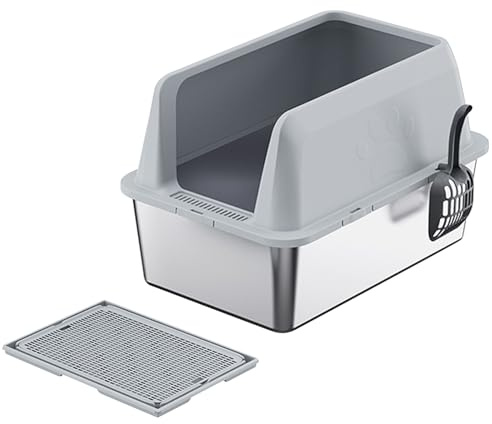 Stainless Steel Cat Litter Tray - Large High-Sided Design (60x40x35cm) | Includes Litter Mat & Shovel | Easy Clean, Odour Control | Pet Toilet
