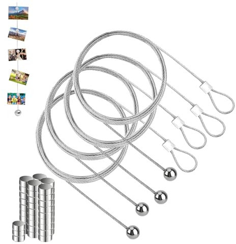 GIONAR Pack of 4 Photo Ropes, Photo Wire with Magnets, Photo Lead, with 48 Button Magnets Clips, Photo Rope Stainless Steel Wire Rope Picture Hanging Rope Photo Rope with for Hanging Photo Postcards
