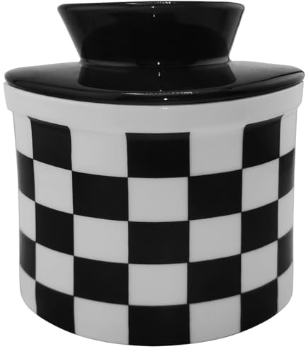 Orkim Le Creuset Pot à beurre en céramique à carreaux pour beurre frais à tartiner, porte-gobelet avec couvercle et ligne d'eau pour comptoir, beurrier rond
