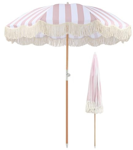 DLAZUM Parasol de Jardin Pliable, Parasol de Plage rayé avec Franges, Parasol de Jardin à Pompons Vintage avec Bouton d'inclinaison et 8 Baleines Robustes, 200 cm/6,5 pi
