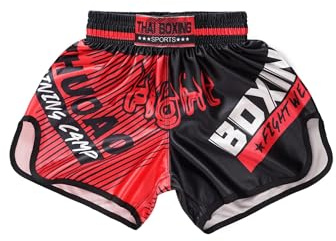 Fasheepfa Short de boxe Muay Thai pour enfants, MMA, entraînement, combat, lutte, lutte, arts martiaux, kickboxing, Rouge/noir, 9-10 ans