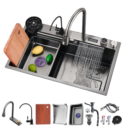 Ecoxsnz Lavello da cucina a cascata digitale, 68cm Lavello a cascata in acciaio inox 304 con rubinetto estraibile, Lavastoviglie ad alta pressione, compatto e multifunzionale