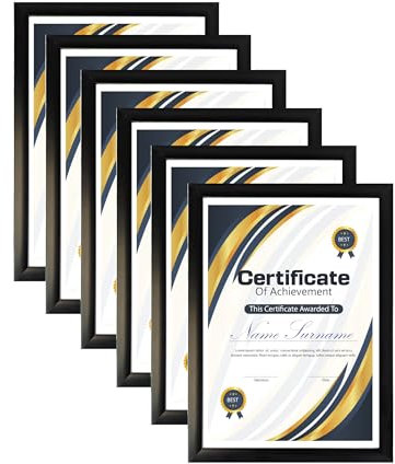 Domkora A4 Certificate Frame Black Set of 6 - A4 Picture Frames Wall or Desk Display Documents Diplomas Prints Wall Mounted Standing Frame Portrait Landscape