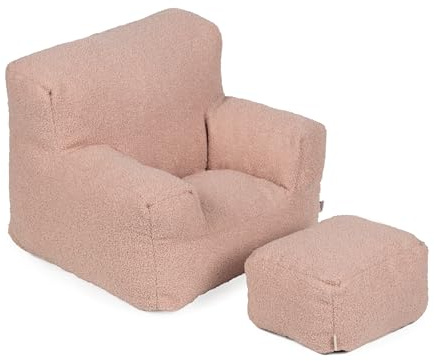 Gutekissen® Kinder Sessel mit Hocker – Weicher Lounge-Sessel aus Lincoln-Stoff – Bequemer Sitzplatz für Kinderzimmer (Rosa Boucle)