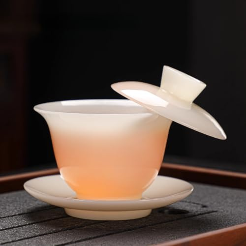 LEEDJUINE Gaiwan Teacups - Taza de té de cerámica tipo hielo de jade de 200 ml, juego de té Gongfu grande de porcelana blanca hecha a mano