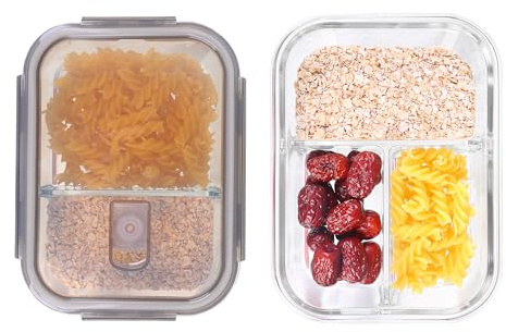 Gcirn Glass Lunch Box with Lid1040ml*2 -Airtight Glass Meal Prep Containers Reusable - 2compartment Food Storage with Free Sponge - Freezer Containers - Kitchen Essentials,Lunch Box with Compartments