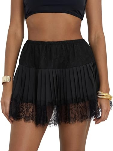 Siyova Women's Lace Mini Skirts Sexy Low Waist Solid Color Loose Fit Pleated Skirts Summer A-line Skirts for Club Party Streetwear Casual